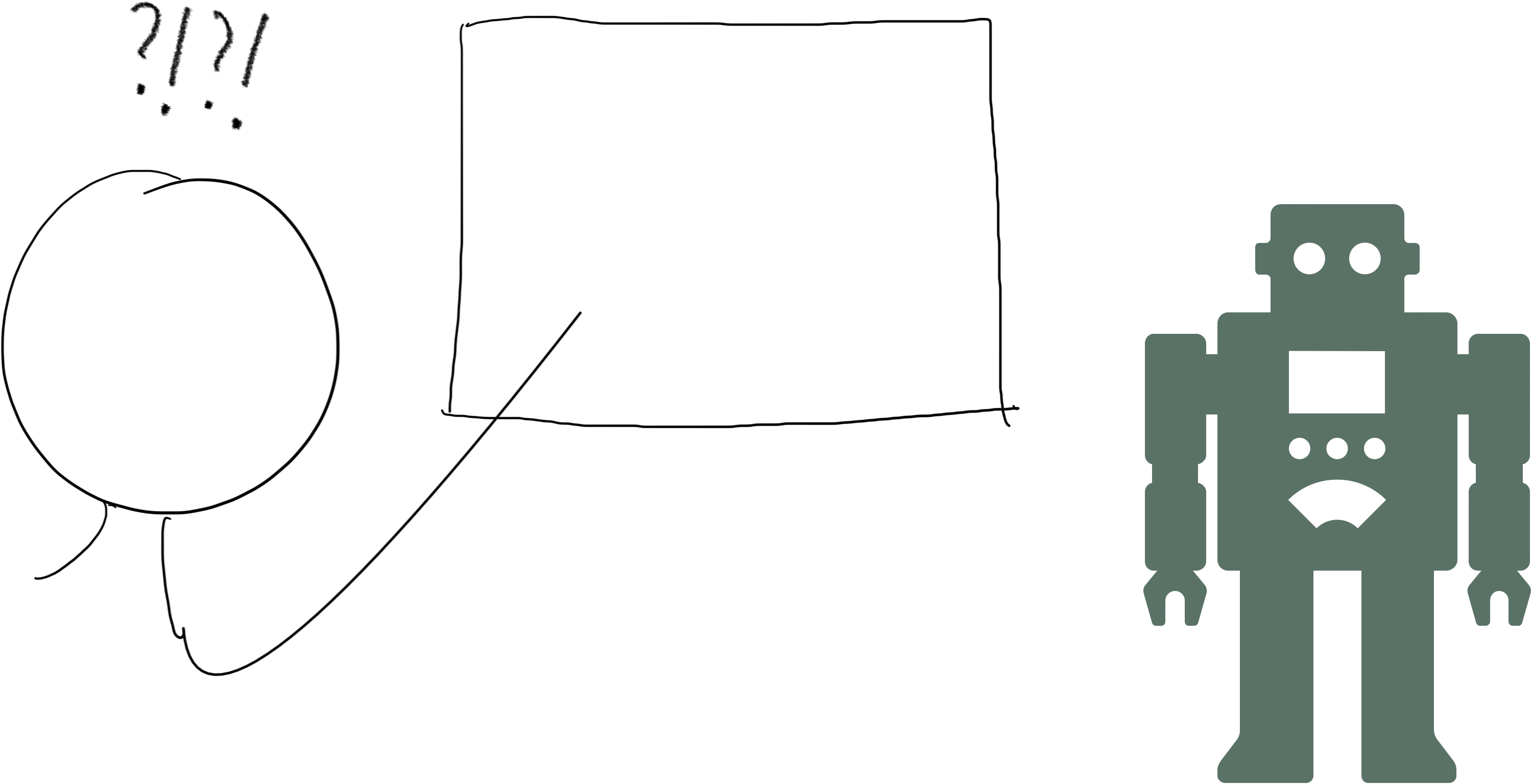 Hand-drawn sketch of a confused stick figure with question marks and exclamation points over its head, a screen between the stick figure and a robot on the other side surrounded by binary code: 01100111 01110010 01100101 01100001 01110100 00100000 01110001 01110101 01100101 01110011 01110100 01101001 01101111 01101110 00100001.